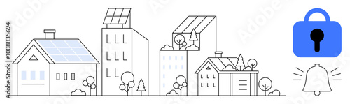 Minimalist drawing of houses and buildings with solar panels, a blue padlock, and a bell icon. Ideal for energy efficiency, smart home technology, security, sustainable living, green architecture