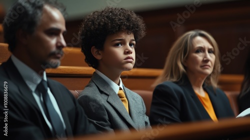 In a juvenile courtroom, a young defendant appears worried while seated between his attorney and a family member, signifying a crucial moment in his life