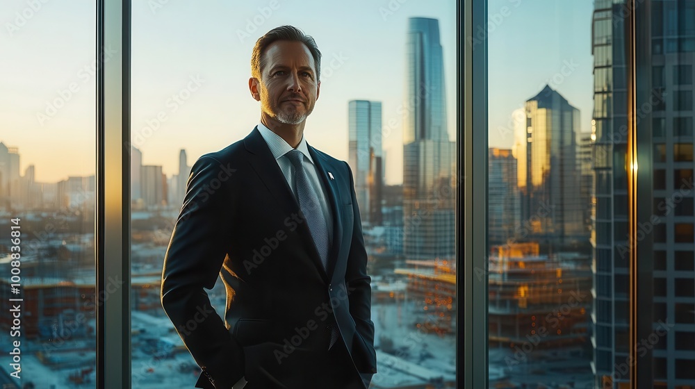 A CEO standing confidently in front of a large glass window overlooking a city skyline A CEO standing confidently in front of a large glass window overlooking a city skyline
