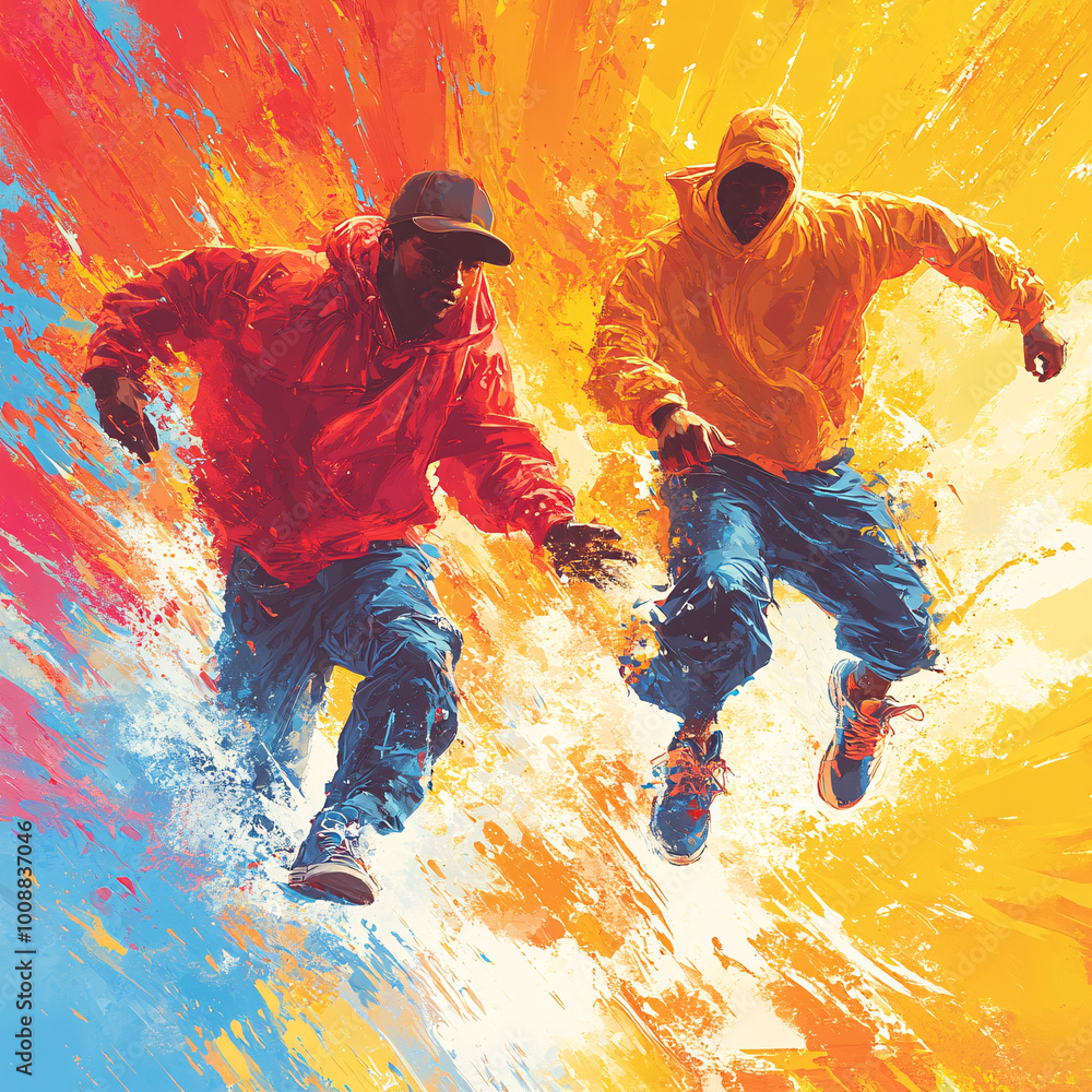 Vibrant illustration of a duo performing breakdance with dynamic splashes of color, capturing street culture and energetic movement through bold artistic expression Vibrant illustration of a duo performing breakdance with dynamic splashes of color, capturing street culture and energetic movement through bold artistic expression