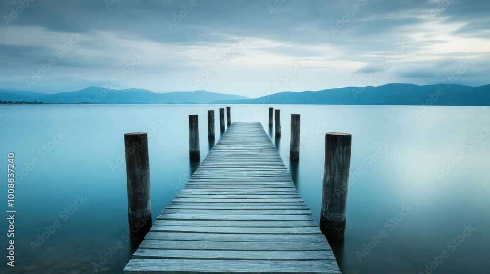 Wooden Pier Extending into a Still Lake with Mountains in the Distance Wooden Pier Extending into a Still Lake with Mountains in the Distance