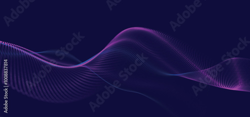 Futuristic dot wave. Abstract digital particle wave. Technological background. Colorful music wave. Dark background. Digital background with smooth wavy curves. Vector illustration.