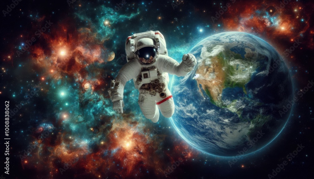 An astronaut floating in space with Earth visible in the background, surrounded by stars and colorful nebulae. An astronaut floating in space with Earth visible in the background, surrounded by stars and colorful nebulae.