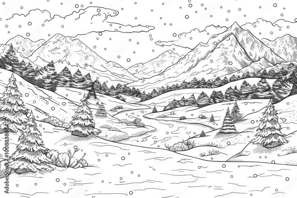 Coloring book illustration of winter mountains and snow covered landscapes Coloring book illustration of winter mountains and snow covered landscapes