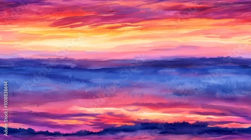 Vibrant sunset with rich colors, blending orange, pink, and blue hues on canvas.