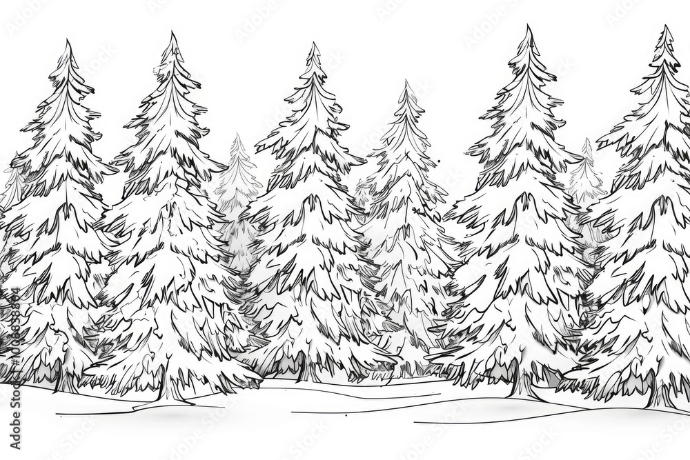 Obraz premium Coloring book illustration of frosty pine trees in a winter forest setting