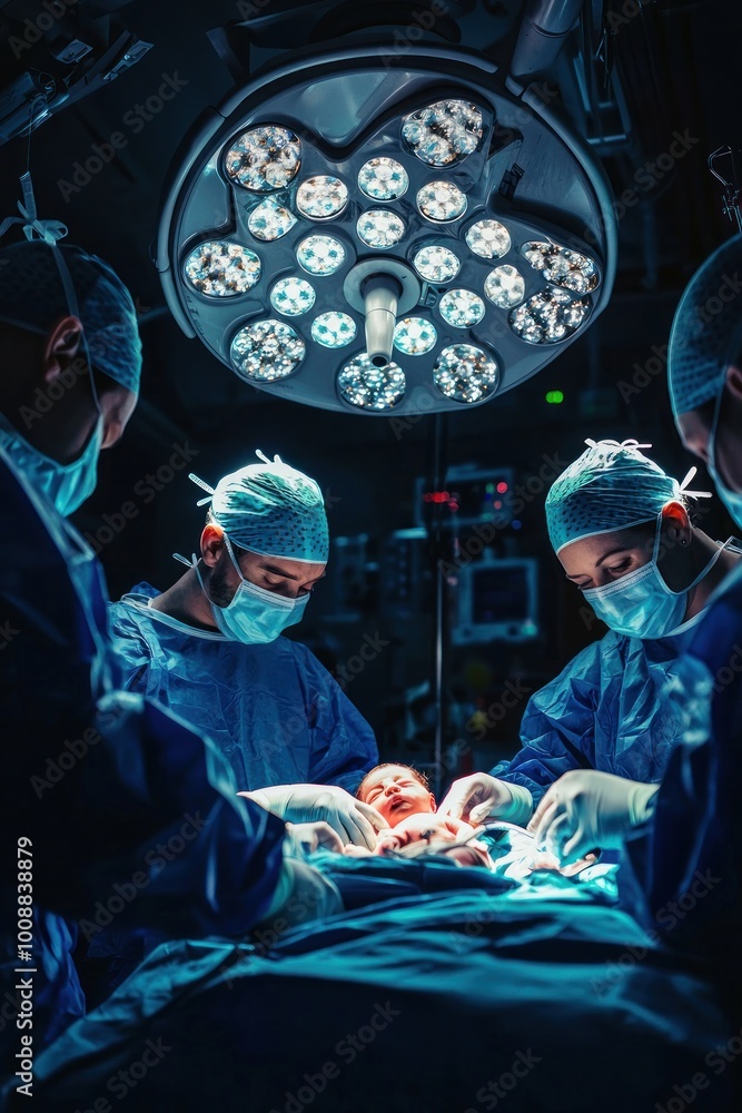 In the operating room, doctors and nurses are busy delivering a newborn baby from the mother's womb. The scene is filled with bright lights and medical equipment. In the operating room, doctors and nurses are busy delivering a newborn baby from the mother's womb. The scene is filled with bright lights and medical equipment.