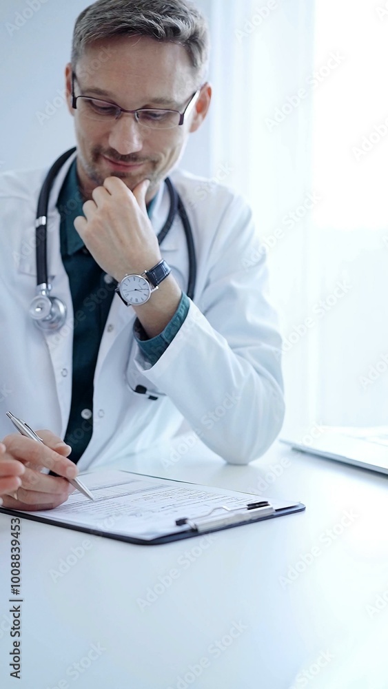 Obraz premium Doctor and a patient. The physician, wearing a white medical coat over a green shirt, gesturing with his hands during a consultation in the clinic. Medicine concept