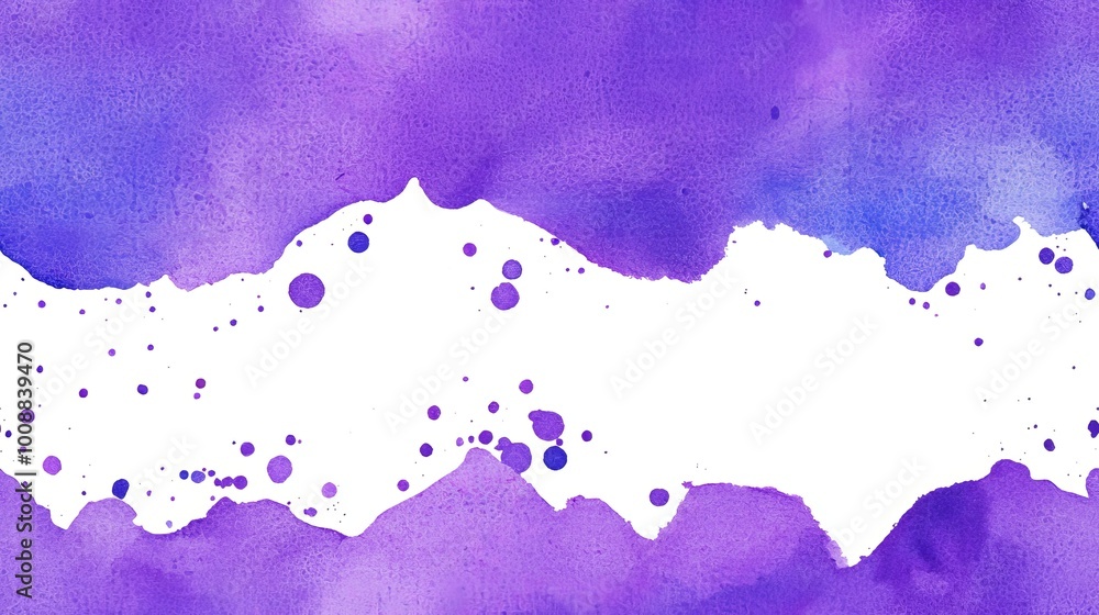 Obraz premium Abstract watercolor art in purple tones with splashes and white negative space.