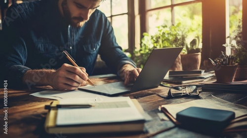 Wallpaper Mural Bearded Man Working on Laptop and Writing in Notebook Torontodigital.ca