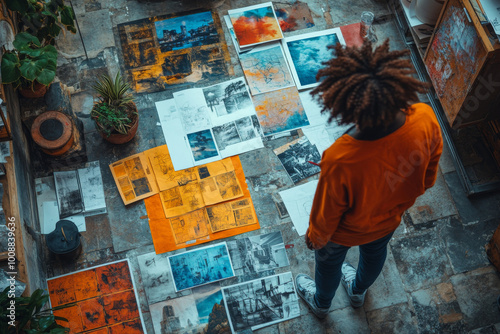 A diverse group of people gathered around an office floor, with papers and pens on the ground in front of them as they work together to design some creative ideas for their brand's marketing campaign.