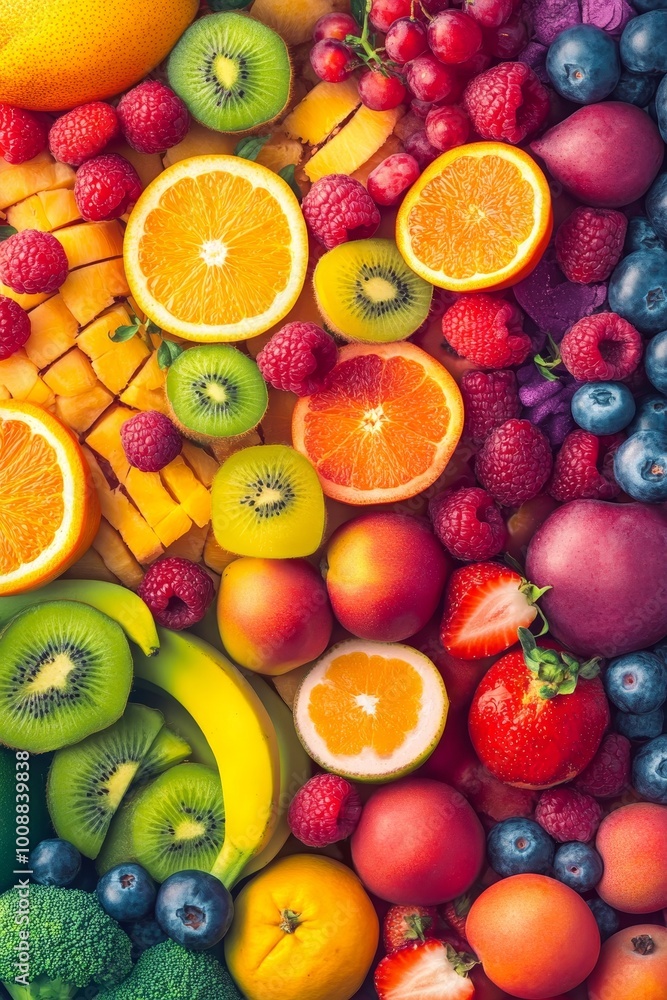 Rainbow of Natures Bounty A Vibrant and Colorful Assortment of Fresh Organic Fruits, Top View Rainbow of Natures Bounty A Vibrant and Colorful Assortment of Fresh Organic Fruits, Top View