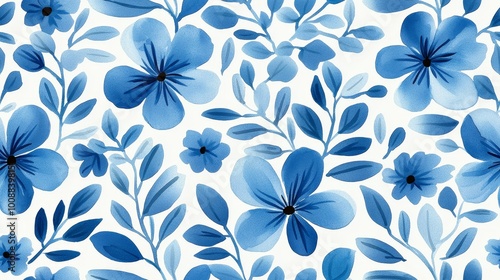 Blue floral pattern design on a white background.