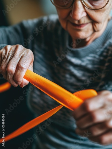 Older Woman Winding Orange Ribbon