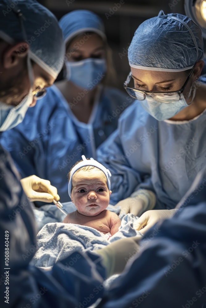 Newborn baby in the cesarean section. childbirth in operation room c ...