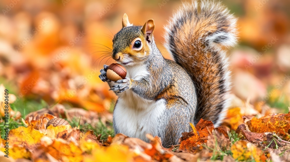 Obraz premium A squirrel holds an acorn amidst colorful autumn leaves.