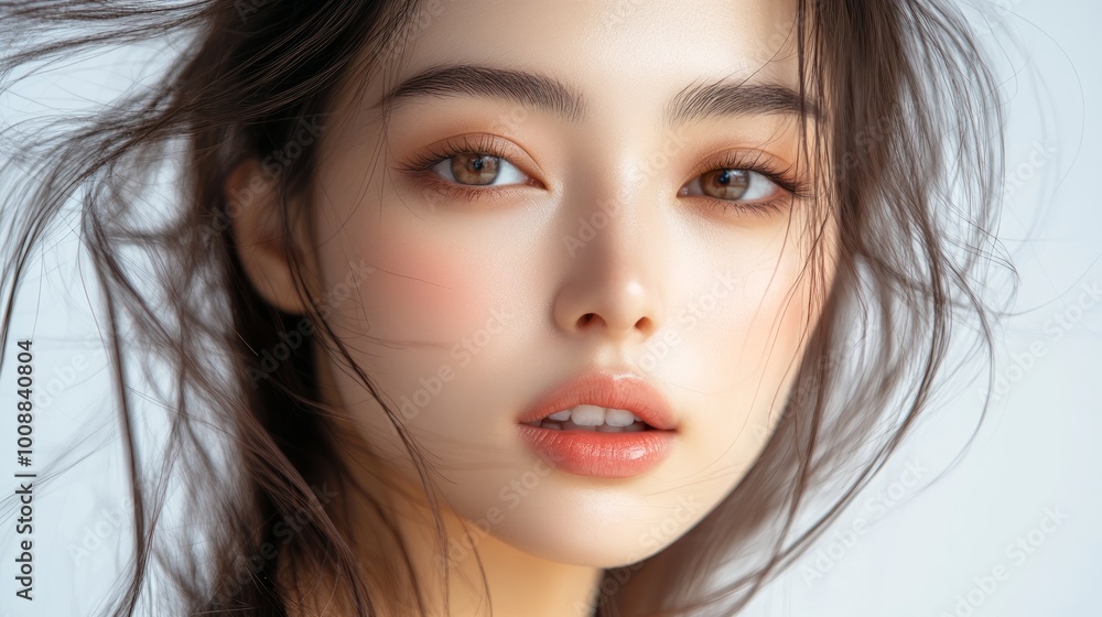 Close-up portrait of a young woman with windblown hair and natural makeup. Close-up portrait of a young woman with windblown hair and natural makeup.