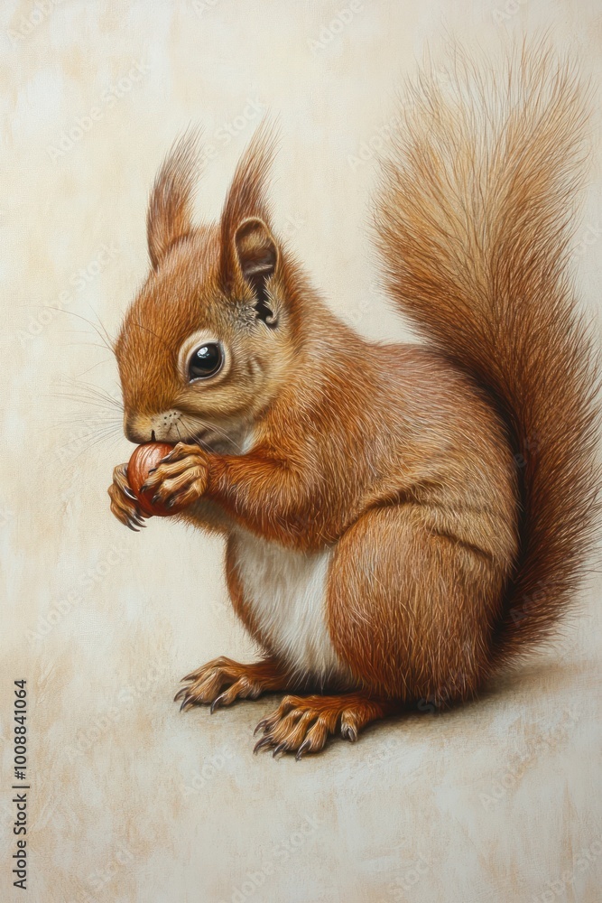 Obraz premium A detailed illustration of a squirrel holding a nut, showcasing its fur and features.