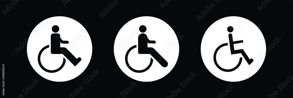 Disabled icon. Vector Disabled Person Flat Icon Set. Handicapped or Accessibility Sign. Man in a Wheelchair Pictogram, Circle on White Background. EPS 10. Disabled icon. Vector Disabled Person Flat Icon Set. Handicapped or Accessibility Sign. Man in a Wheelchair Pictogram, Circle on White Background. EPS 10.