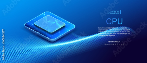 Futuristic ai CPU. Computer ai network with processor on particles stream wave. CPU isometric vector background. Quantum core computer chip banner.