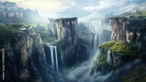 Two Waterfalls Cascading Through Misty Mountain Cliffs