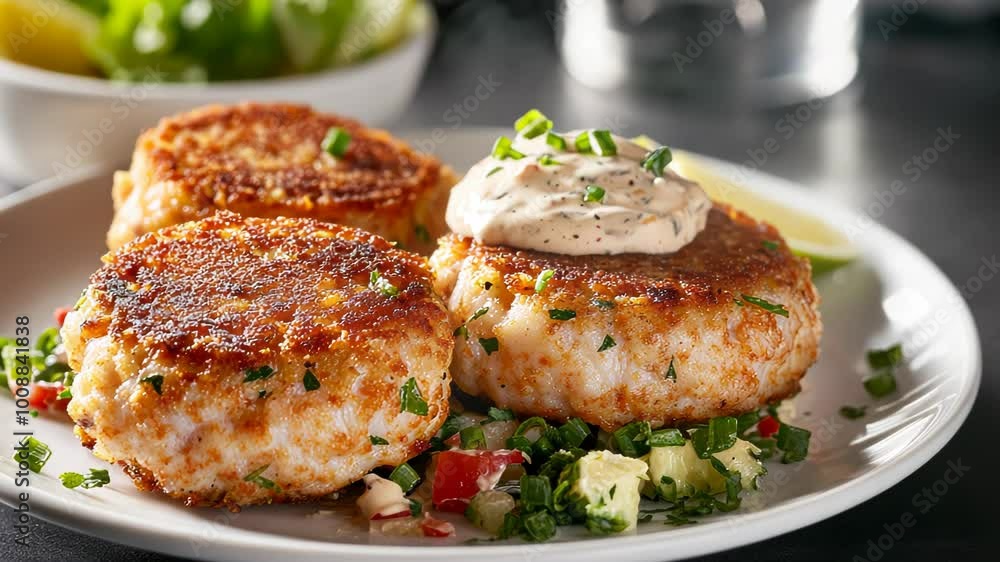 Three golden, crispy crab cakes garnished with herbs and sauce on a plate. Three golden, crispy crab cakes garnished with herbs and sauce on a plate.