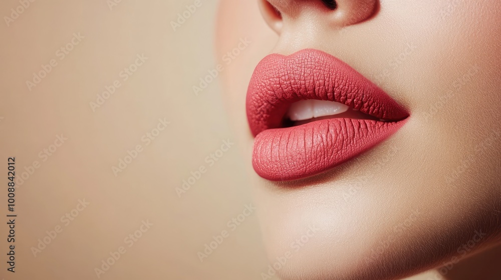 A close-up of beautifully colored lips with matte lipstick, set against a neutral background with plenty of copy space. A close-up of beautifully colored lips with matte lipstick, set against a neutral background with plenty of copy space.