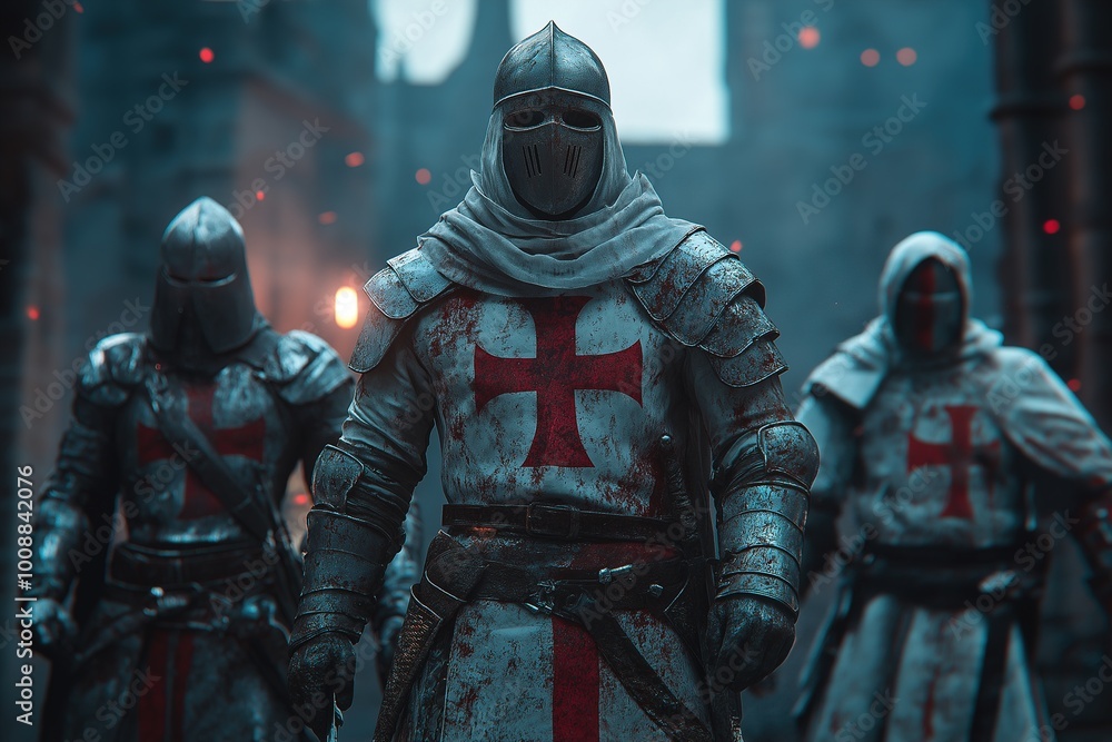 High-ranking Templars unite in a moonlit castle courtyard High-ranking Templars unite in a moonlit castle courtyard