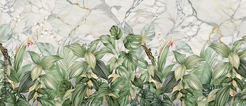 Watercolor  wall mural tropical plants. Watercolor tropical plants on gray with gold marble background. Tropical green wallpaper. Gray marble background with tropical green leaves