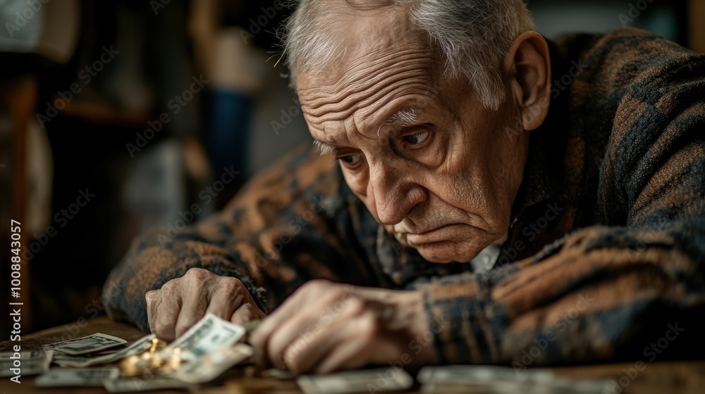 An elderly man sits at a wooden table, deeply focused on a small pile of money in front of him, reflecting on its significance in the warm afternoon light An elderly man sits at a wooden table, deeply focused on a small pile of money in front of him, reflecting on its significance in the warm afternoon light