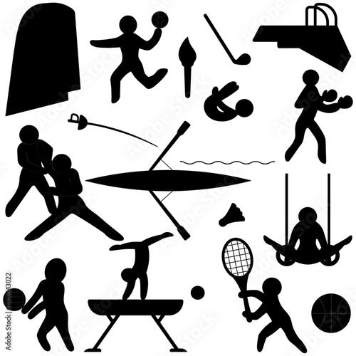 Set of vector illustrations for the summer sports Olympics. Silhouette. Handball, gymnastics on the balance beam and rings, hockey stick, fencing epee. Outline on isolated background. 