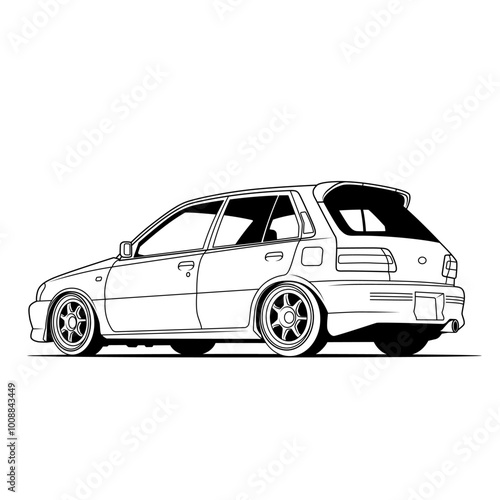 A black and white vector depicts a four-door sedan with detailed outlines, shading, and visible wheel rims, presenting a side view that highlights the vehicle’s design and proportions