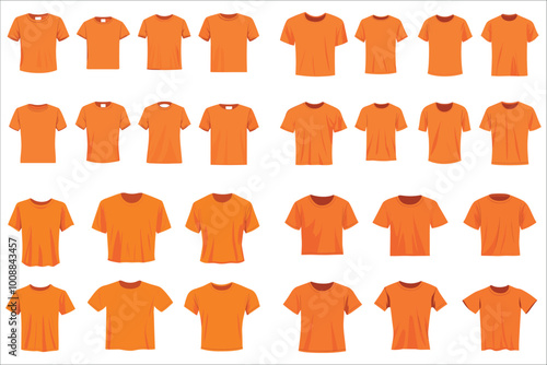 Set of orange t-shirt realistic mockup,  Realistic orange t-shirts mockups for advertising, Men's t-shirt realistic mockup in different types, Orange t-shirt mockup isolated on white background