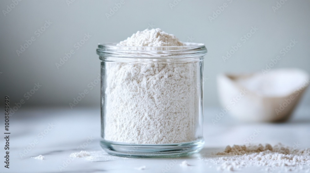 Pure White Baking Flour in Clear Glass Jar on Kitchen Counter Pure White Baking Flour in Clear Glass Jar on Kitchen Counter