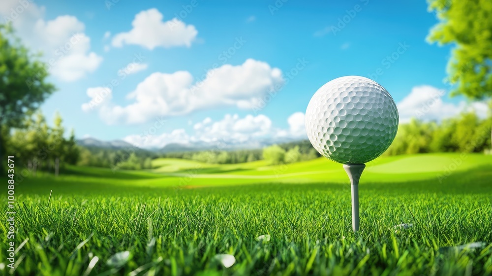 A golf ball perched on a tee, with a club poised for action and a vibrant green fairway in the background, A golf ball perched on a tee, with a club poised for action and a vibrant green fairway in the background,