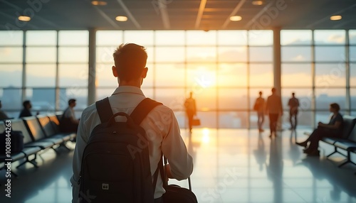 A happy traveler waiting for their flight at the airport, departure area