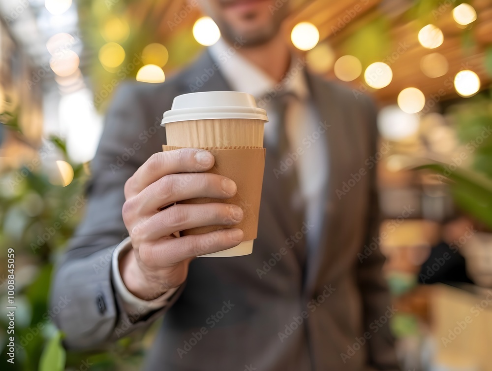 Eco Friendly Businessman Enjoying Sustainable Coffee Break in Conscious Cafe Eco Friendly Businessman Enjoying Sustainable Coffee Break in Conscious Cafe