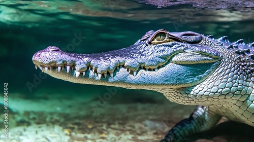 Wallpaper Mural Close-up of a crocodile underwater in its natural habitat, showcasing detailed scales, sharp teeth, and a serene aquatic environment. Torontodigital.ca