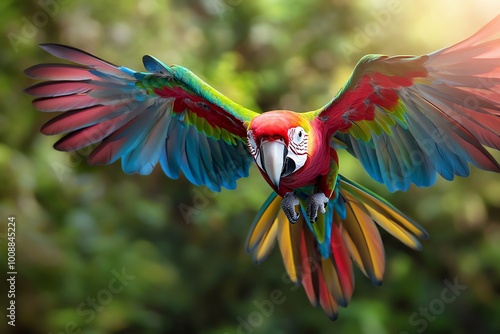 Colorful parrot in flight with vibrant feathers and green background. A beautiful depiction of wildlife and nature in motion. photo