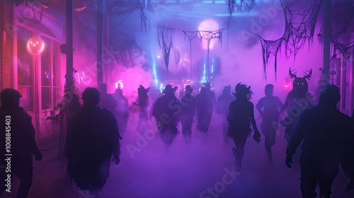 A Halloween party scene with colorful neon lights, eerie fog machines, and guests dressed in imaginative costumes.