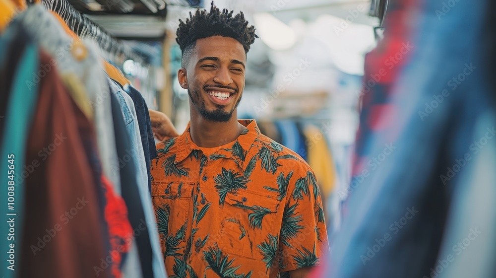 Cheerful Young Man Shopping for Trendy Clothes at Outdoor Market Cheerful Young Man Shopping for Trendy Clothes at Outdoor Market