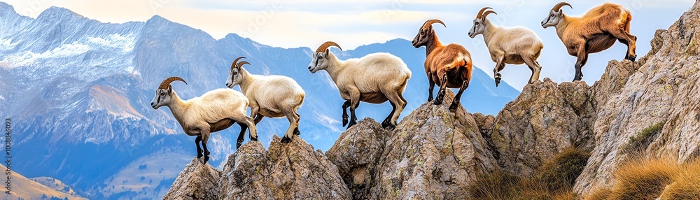 Group of mountain goats climbing rocky terrain with snow-capped mountains in the background on a sunny day. Group of mountain goats climbing rocky terrain with snow-capped mountains in the background on a sunny day.