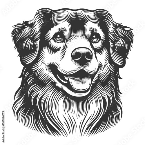 happy dog with a joyful expression, drawn in an engraving style sketch engraving generative ai vector illustration. Scratch board imitation. Black and white image.