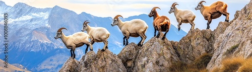 Group of mountain goats climbing rocky terrain with snow-capped mountains in the background on a sunny day.