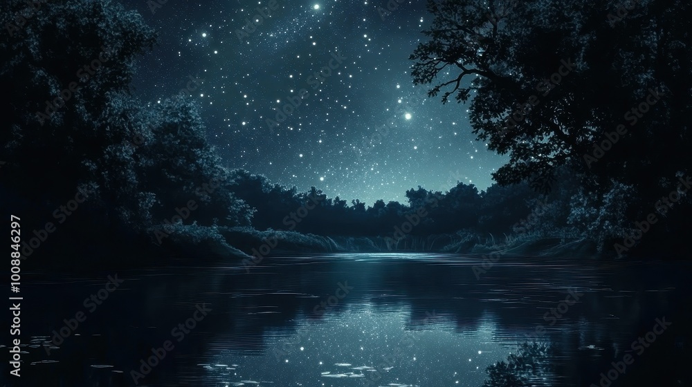 Serene Starry Night Reflection on Tranquil Lake Serene Starry Night Reflection on Tranquil Lake