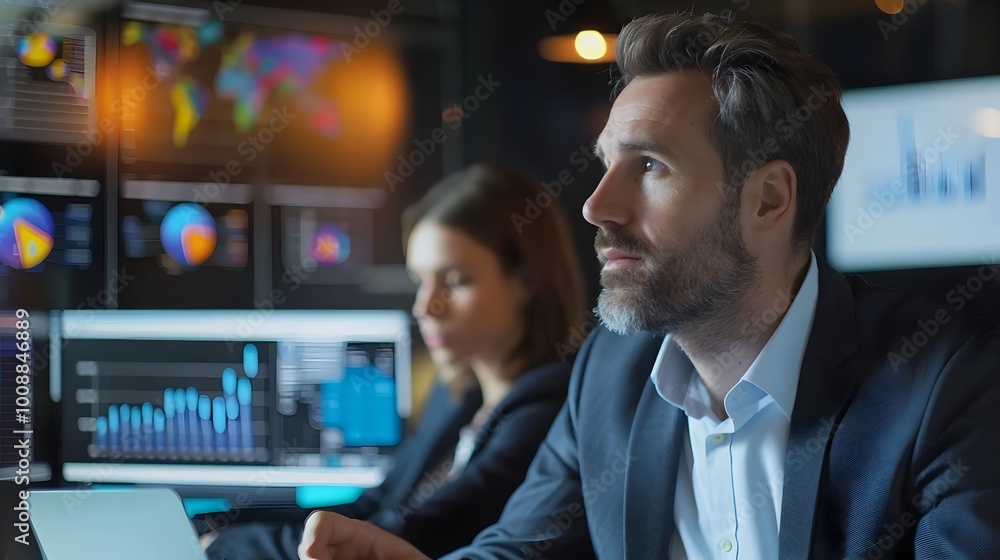 Businessman Discussing Investment Strategies with Financial Advisor in Sleek Modern Office with Charts Businessman Discussing Investment Strategies with Financial Advisor in Sleek Modern Office with Charts