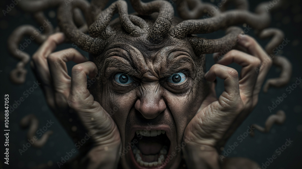 A person screams in anguish, their head covered with writhing snakes in a surreal dark setting, depicting an intense emotional struggle A person screams in anguish, their head covered with writhing snakes in a surreal dark setting, depicting an intense emotional struggle