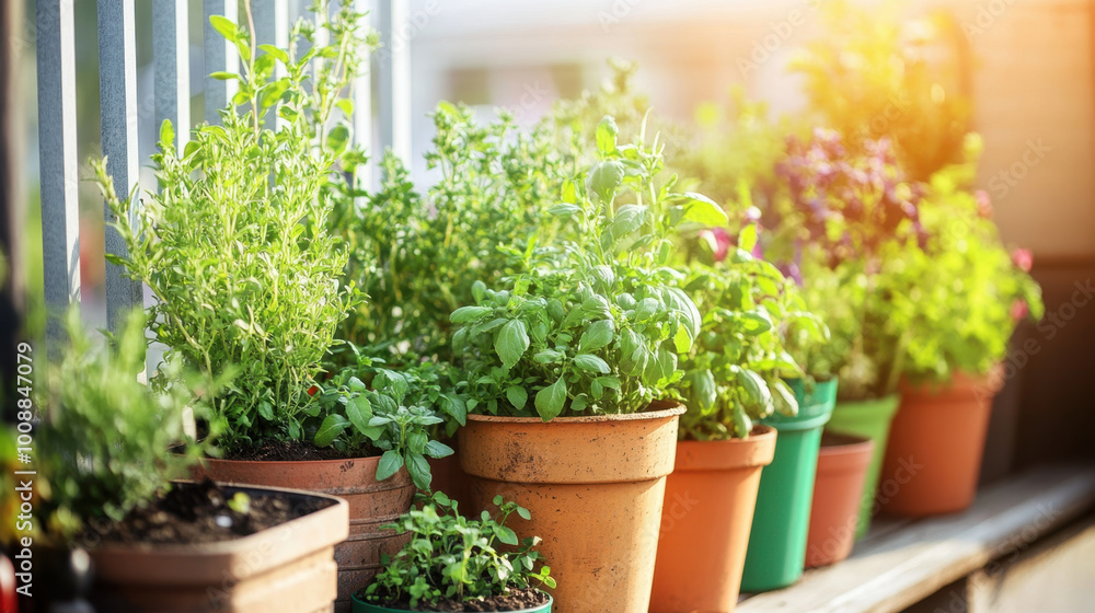 Fototapeta premium Urban Balcony Garden with Lush Potted Herbs in Sunlight