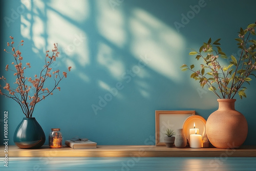 A minimalist interior design of an entryway table with blue walls, featuring stylish furniture and decor like a small lamp in the shape of a half-circle or arches, candles, frames on the wall