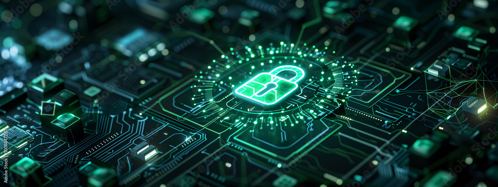 A motherboard with bright green connections and a holographic padlock in the center. Security, privacy, protection, personal data, and encryption. A motherboard with bright green connections and a holographic padlock in the center. Security, privacy, protection, personal data, and encryption.